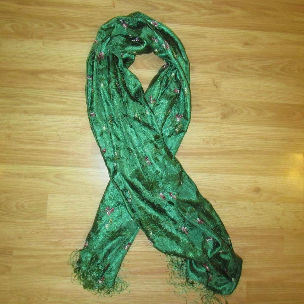 *5 for $25 Bundle Option*  Silk Blend green embroidered scarf